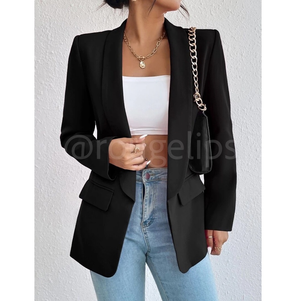 Black Blazer Jacket Shawl Collar Long Sleeve